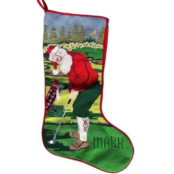 Needlepoint Liz Goodrick Dillon Christmas Stocking Santa Golfer "MARK" COMPLETED - Picture 1 of 13